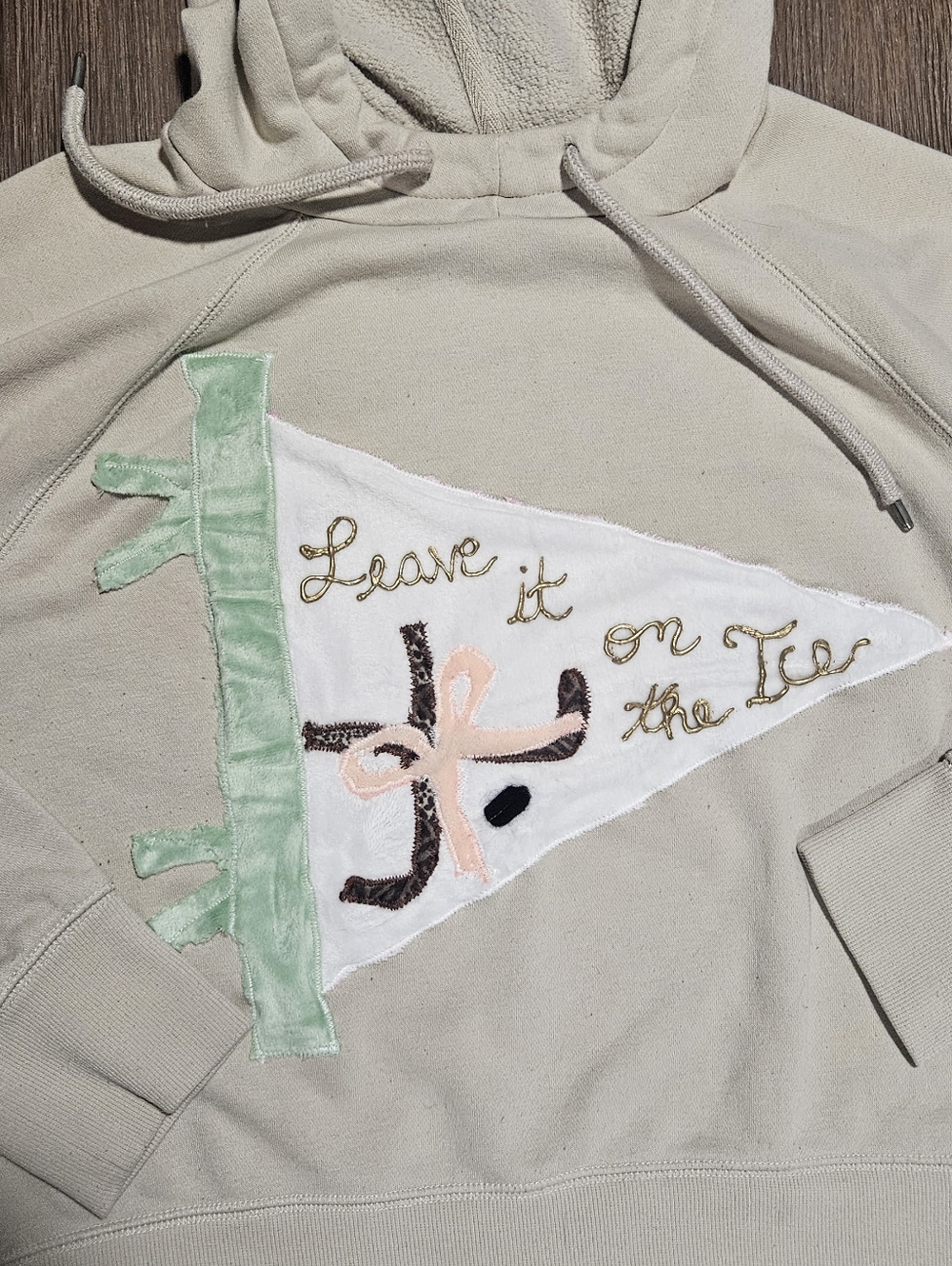 Cream Hockey Hoodie W/a Upcycled Pennant Decal In White, Green, Pink & Gold